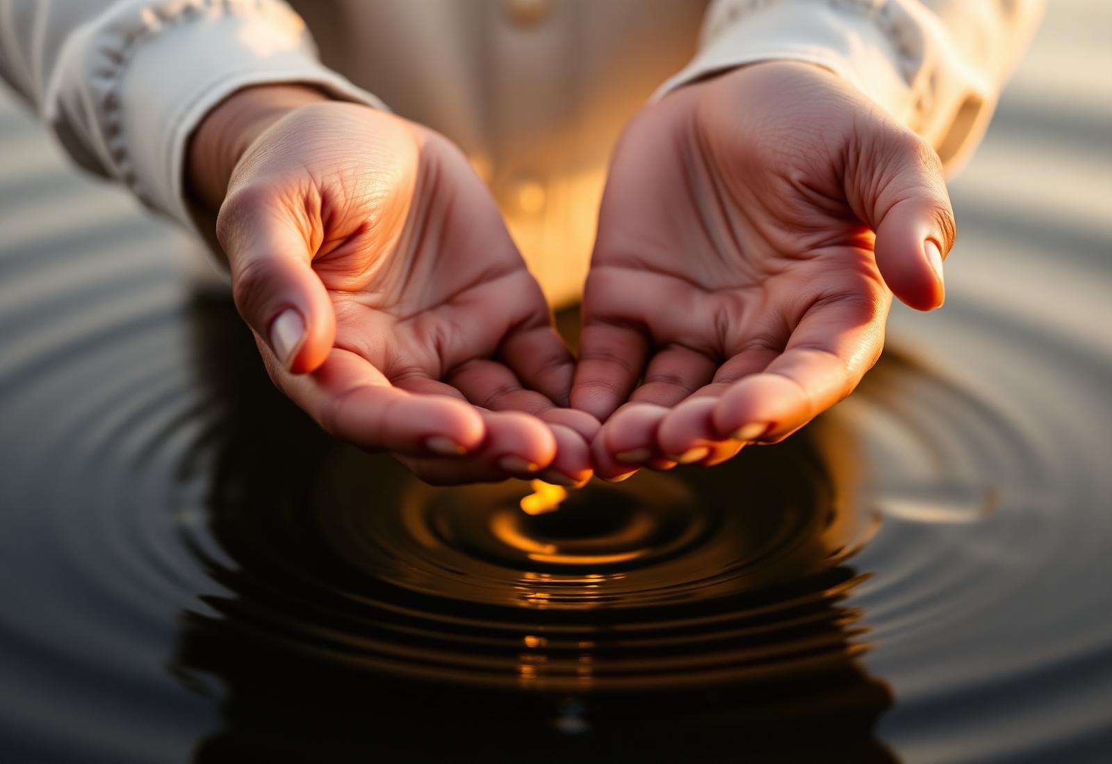 Hands cupped over still water at golden hour
